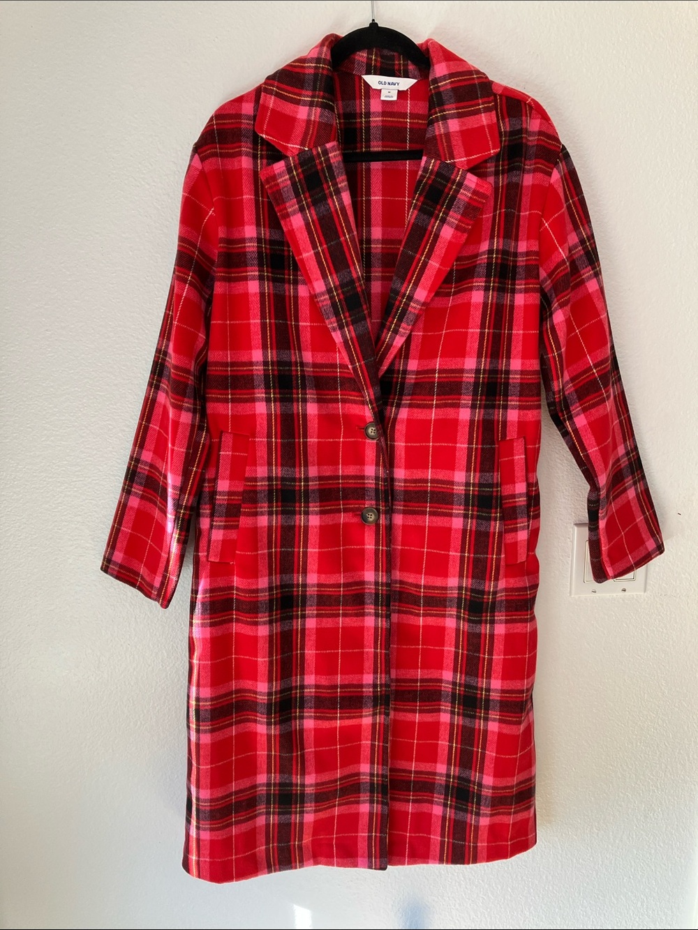 Old Navy Red Pink Plaid Long Coat